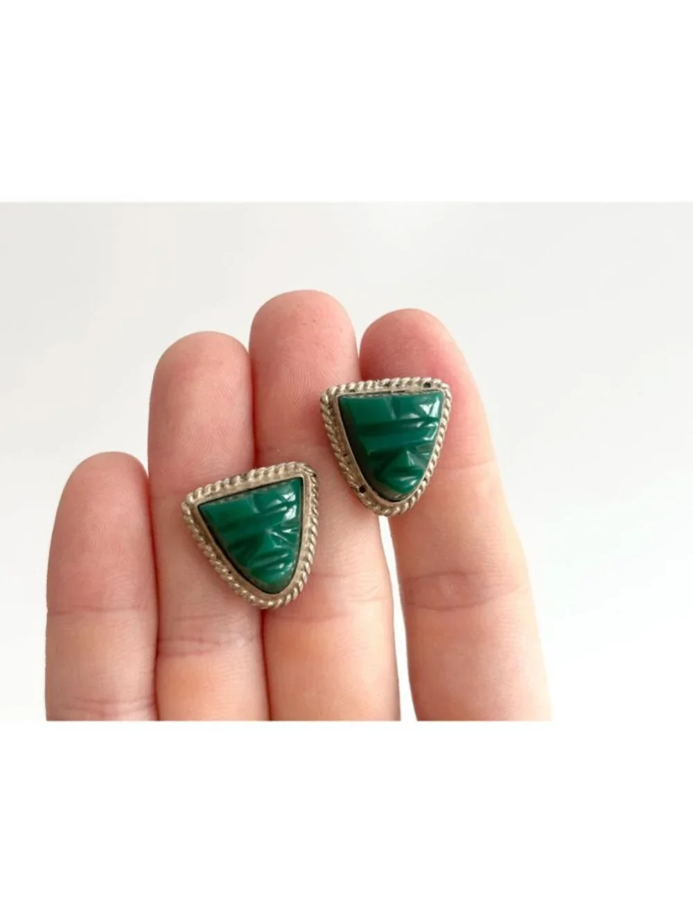 Green Onyx Gemstone Mask Taxco, Mexico Sterling Silver 925 Men's Cufflinks